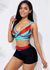 Mid Waisted Striped Lace Up Cyan Bikini Set