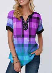 Plaid Purple Short Sleeve Split Neck Blouse
