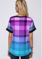 Plaid Purple Short Sleeve Split Neck Blouse