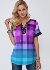 Plaid Purple Short Sleeve Split Neck Blouse