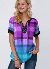 Plaid Purple Short Sleeve Split Neck Blouse