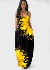 Spaghetti Strap Sunflower Print Side Pocket Maxi Dress