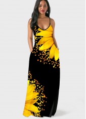 Spaghetti Strap Sunflower Print Side Pocket Maxi Dress