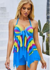 Rainbow Stripe Bowknot Cyan Halter Swimdress and Shorts