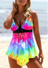 Rainbow Color Lace Up Tie Dye Swimdress Top-No Bottom