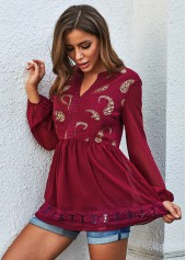 Paisley Lantern Sleeve Lace Stitching Boho Vibe Blouse 
