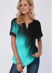 Gradient Short Sleeve Printed Split Neck Mint Green Blouse