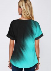 Gradient Short Sleeve Printed Split Neck Mint Green Blouse