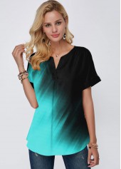 Gradient Short Sleeve Printed Split Neck Mint Green Blouse