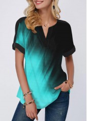 Gradient Short Sleeve Printed Split Neck Mint Green Blouse