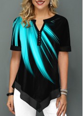 Printed Asymmetric Hem Split Neck Mint Green Blouse