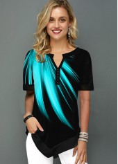 Printed Asymmetric Hem Split Neck Mint Green Blouse