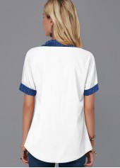 Button Up Turndown Collar Faux Denim Blouse