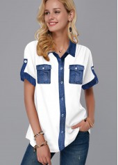 Button Up Turndown Collar Faux Denim Blouse