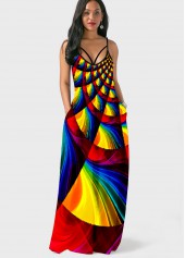 Rainbow Color Geometric Print Side Pocket Maxi Dress