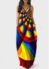 Rainbow Color Geometric Print Side Pocket Maxi Dress