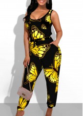 Side Pocket Butterfly Print Black Jumpsuit