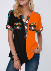 Tribal Print Short Sleeve Color Block Blouse