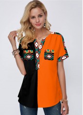 Tribal Print Short Sleeve Color Block Blouse