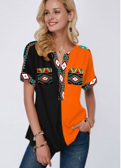 Tribal Print Short Sleeve Color Block Blouse
