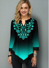 Tribal Print Gradient Asymmetric Hem Blouse