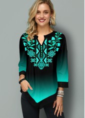 Tribal Print Gradient Asymmetric Hem Blouse
