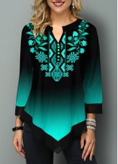 Tribal Print Gradient Asymmetric Hem Blouse