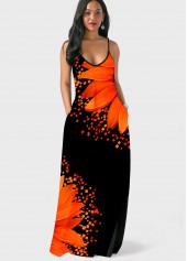 Side Pocket Sunflower Print Spaghetti Strap Dress