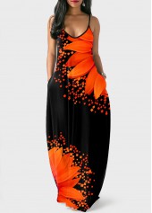 Side Pocket Sunflower Print Spaghetti Strap Dress
