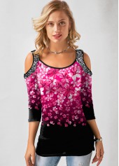 Floral Print Cold Shoulder Gradient T Shirt