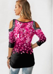 Floral Print Cold Shoulder Gradient T Shirt