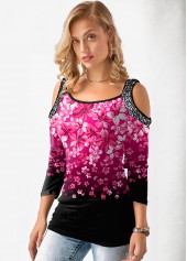 Floral Print Cold Shoulder Gradient T Shirt