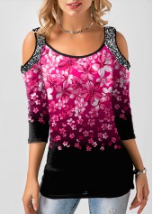 Floral Print Cold Shoulder Gradient T Shirt
