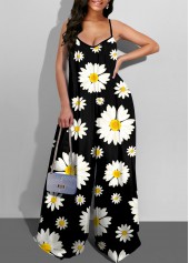 Spaghetti Strap Wide Leg Daisy Print Jumpsuit