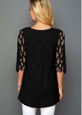 Mesh Panel Round Neck Floral Print T Shirt