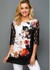 Mesh Panel Round Neck Floral Print T Shirt