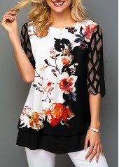 Mesh Panel Round Neck Floral Print T Shirt