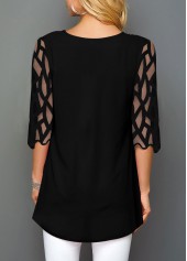 Mesh Panel Round Neck Floral Print T Shirt