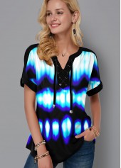 Lace Up Short Sleeve Tie Dye Blouse