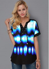 Lace Up Short Sleeve Tie Dye Blouse