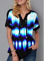 Lace Up Short Sleeve Tie Dye Blouse