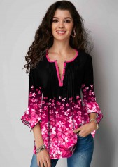 Gradient Floral Print Hanky Cuff Blouse