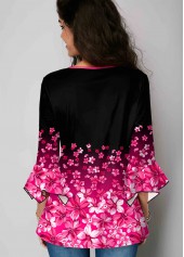 Gradient Floral Print Hanky Cuff Blouse