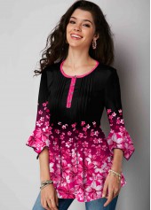 Gradient Floral Print Hanky Cuff Blouse
