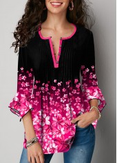 Gradient Floral Print Hanky Cuff Blouse