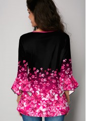 Gradient Floral Print Hanky Cuff Blouse