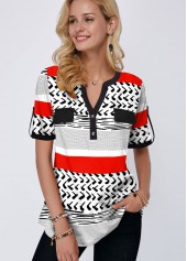 Split Neck Short Sleeve Geometric Print Blouse