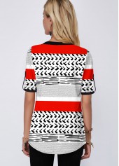 Split Neck Short Sleeve Geometric Print Blouse