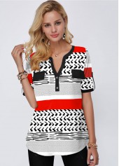 Split Neck Short Sleeve Geometric Print Blouse