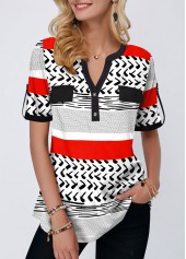 Split Neck Short Sleeve Geometric Print Blouse